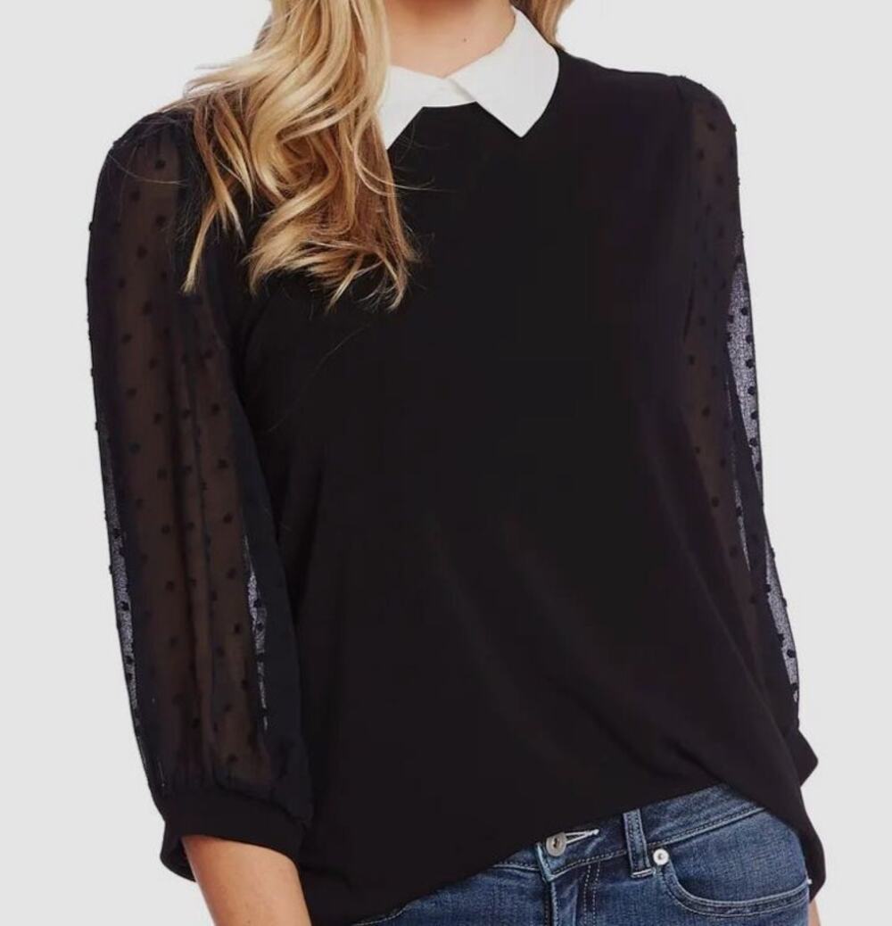 NWT CeCe Black Peter Pan Collar Clip Dot Sheer Sleeve Blouse Top Dark Academia S